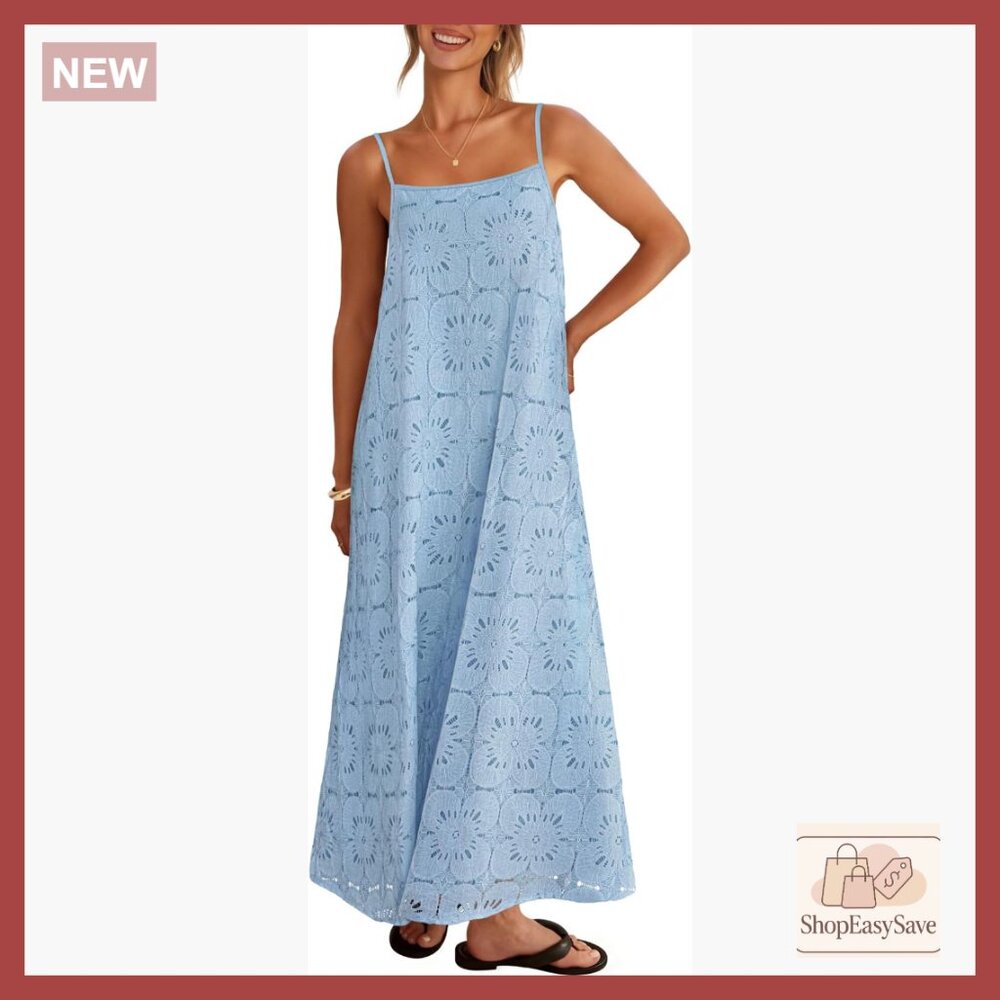 Summer Spaghetti Strap Maxi Dress Floral Lace Eyelet Boho Beach Wedding Guest